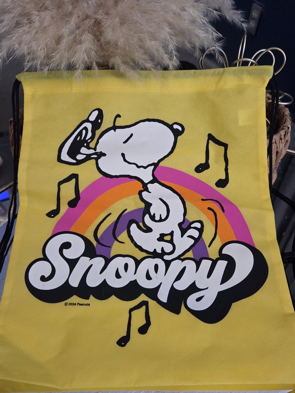 Peanuts Snoopy 2024 Yellow Rainbow Music Drawstring Backpack